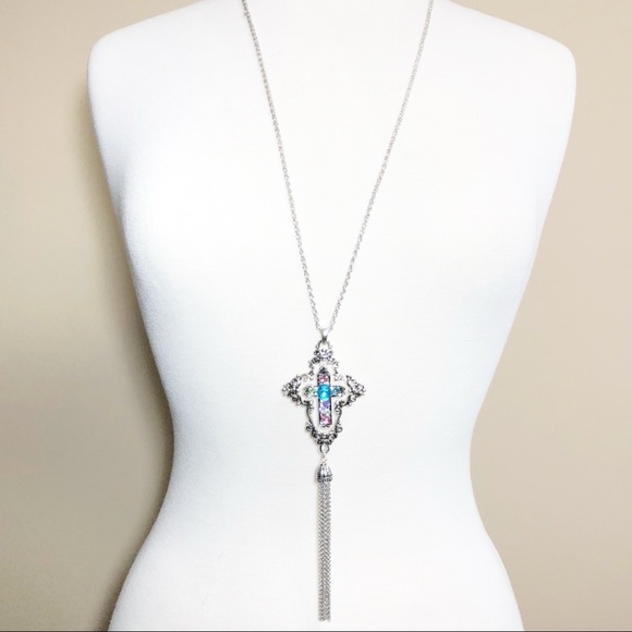 Long Christian Cross Pastel Gem Silver Tassel Necklace - Picture 2 of 3